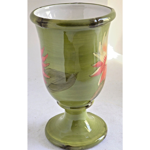 MUG WITH PEDESTAL FOOT-RAYMOND WAITES-Green-Orange Yellow Flower-Holds 12 oz - Picture 4 of 7